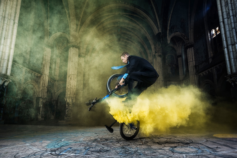 BMX tricks inside abandoned church