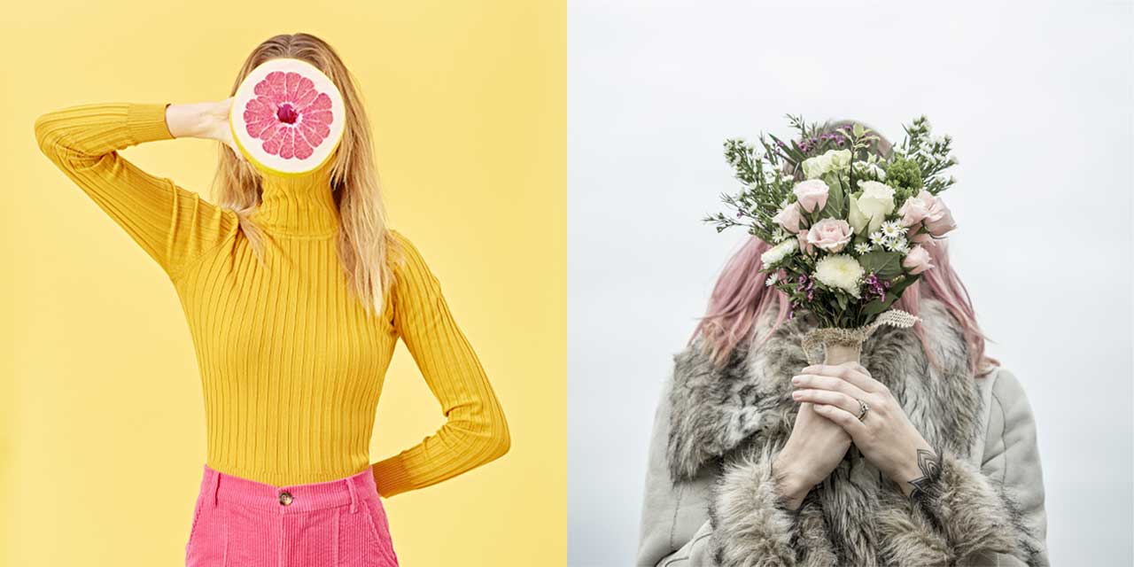 Colorful portrait of a female talent holding a citrus orange in front of her face